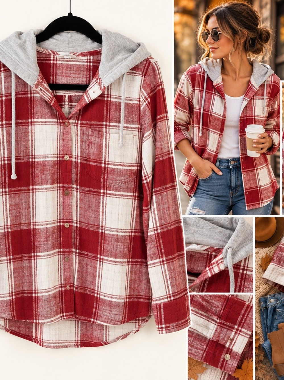 Red Plaid Hooded Flannel Shirt Large Cottagecore Cabin Western Cozy Fall